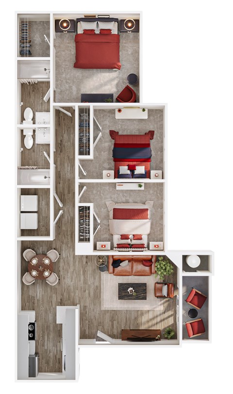 Floor plan for 3 beds, 2 baths, 1150 sqft